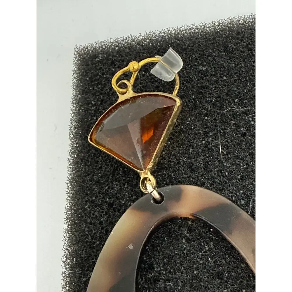 Tortoise Shell Amber Resin Dangle Earrings Geometric Statement Goldtone Boho Mod